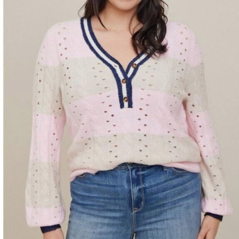 🔶SOLD🔶Torrid Sweater Vegan Cashmere Pink Tan Stripe Henley Pullover Sz.